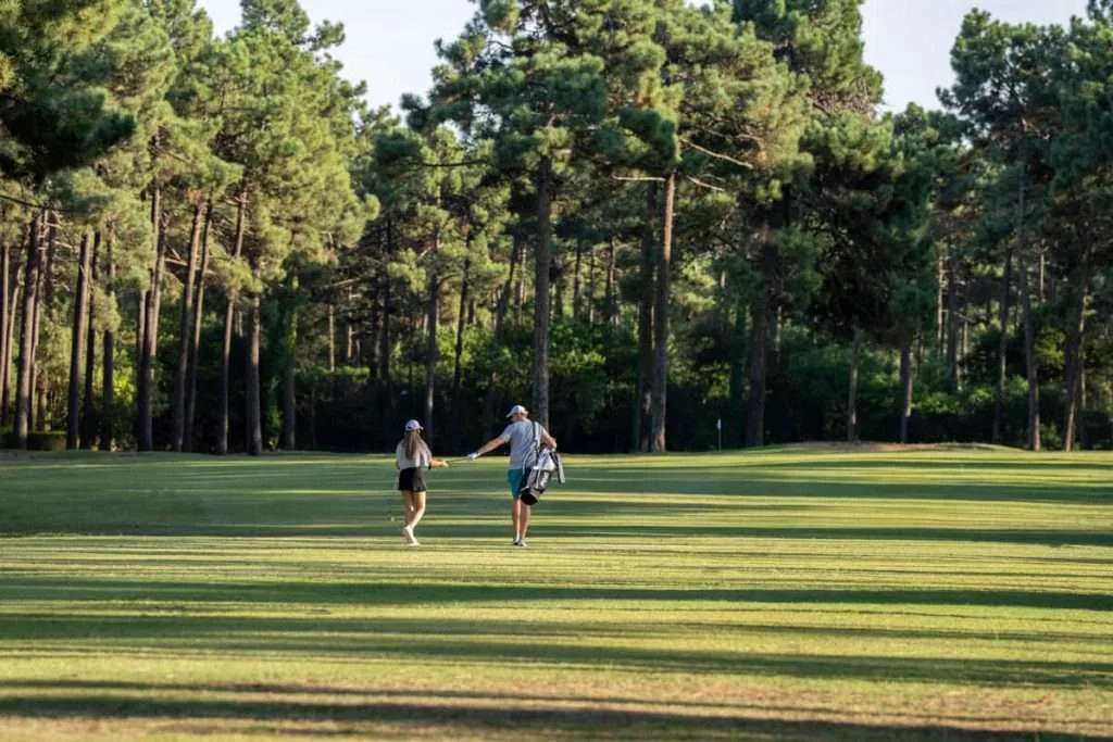 Golfers on a pine-lined fairway at PGA Aroeira No.2